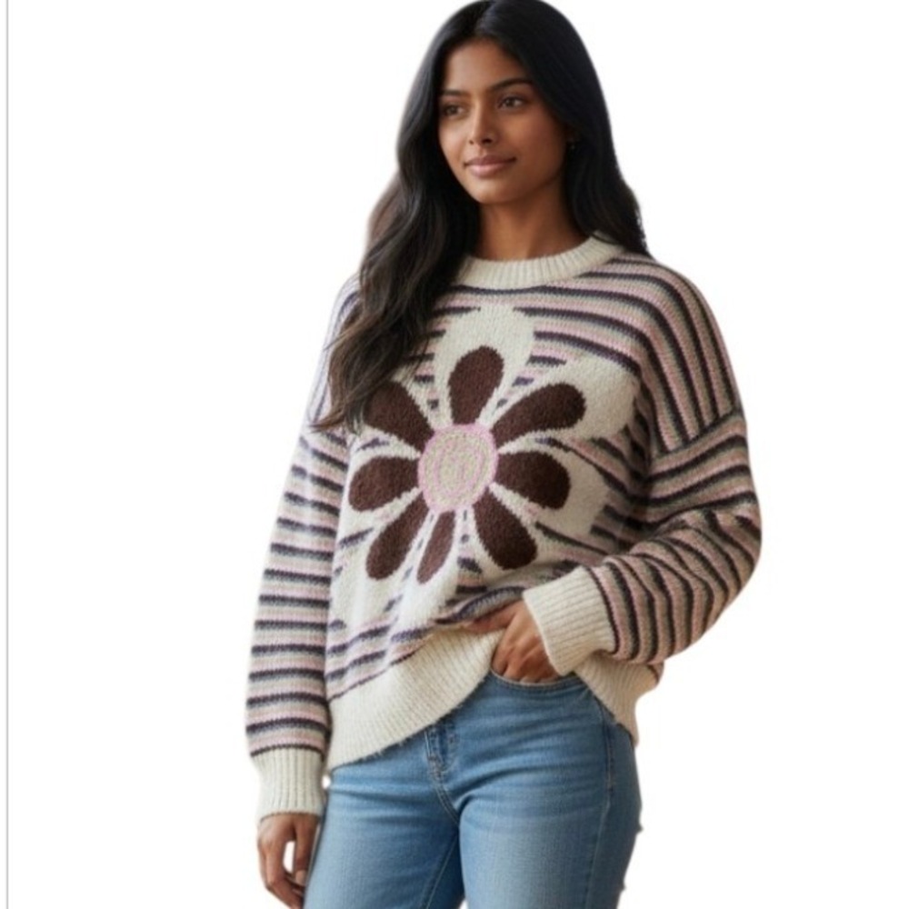 Forever 21 Striped Flower Sweater Knit Pullover Multicolor Medium